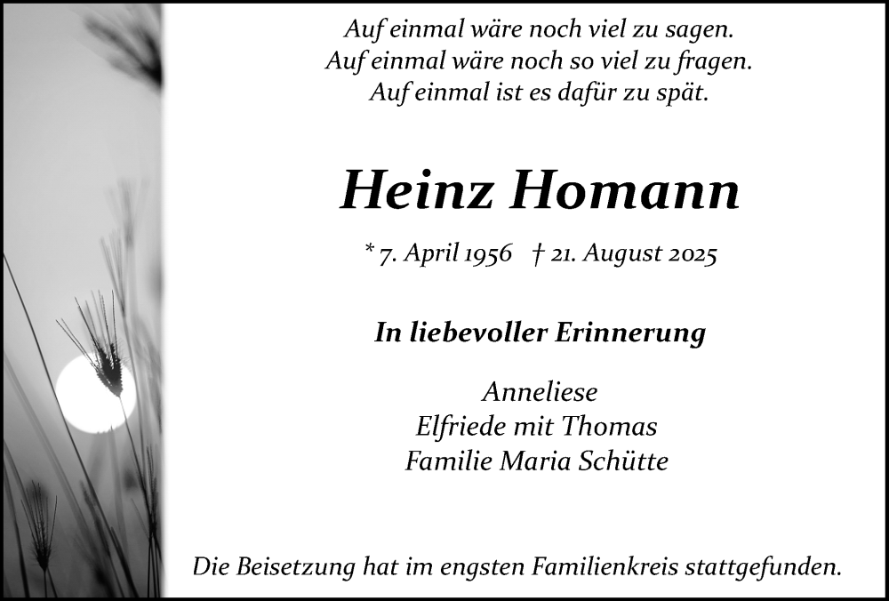  Traueranzeige für Heinz Homann vom 06.09.2025 aus Ruhr Nachrichten