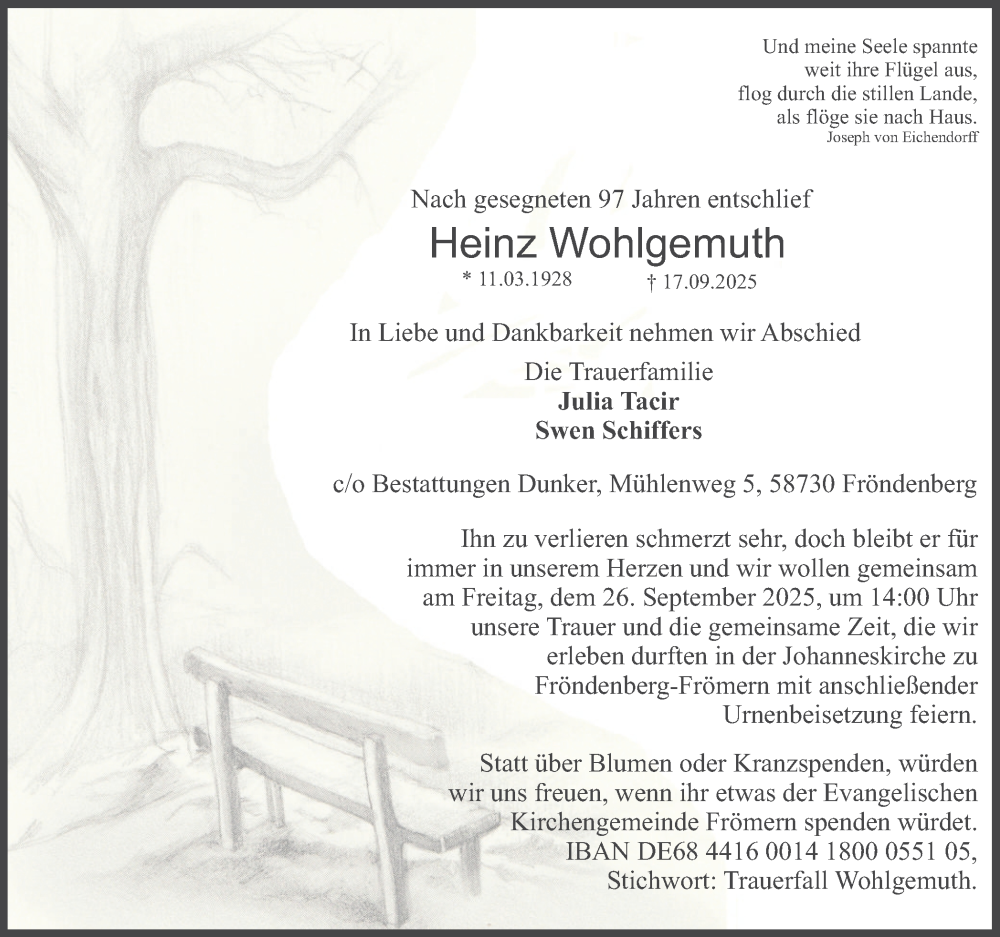  Traueranzeige für Heinz Wohlgemuth vom 20.09.2025 aus Hellweger Anzeiger