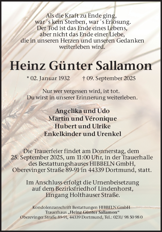 Traueranzeige von Heinz Günter Sallamon von Ruhr Nachrichten