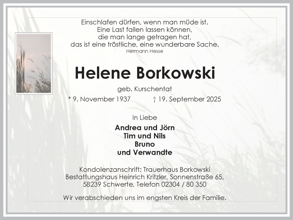  Traueranzeige für Helene Borkowski vom 27.09.2025 aus Ruhr Nachrichten