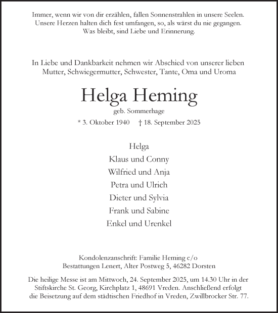Traueranzeige von Helga Heming von Münsterland Zeitung, Ruhr Nachrichten und Dorstener Zeitung