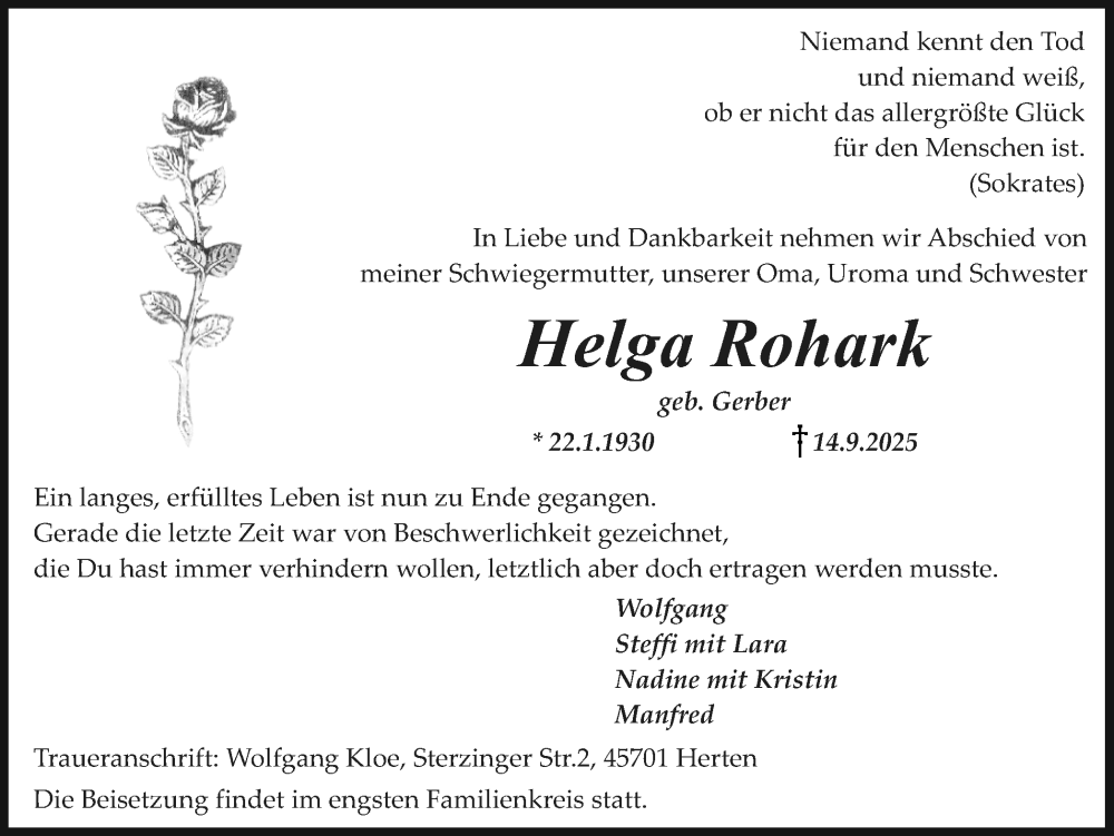  Traueranzeige für Helga Rohark vom 20.09.2025 aus Trauer Vest