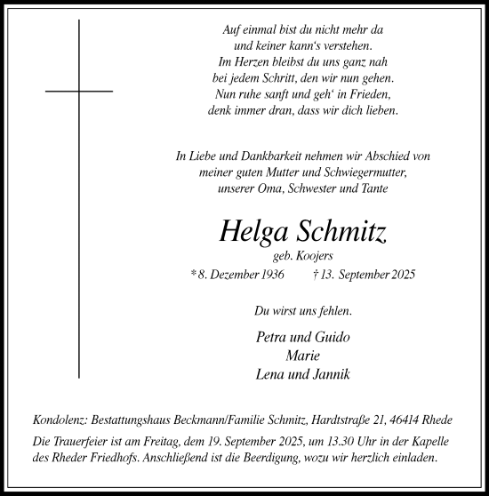 Traueranzeige von Helga Schmitz 