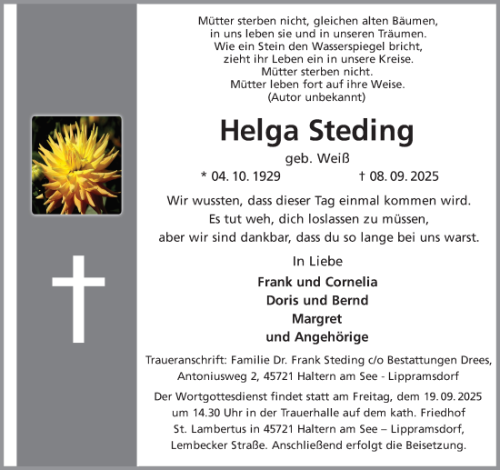 Traueranzeige von Helga Steding von Ruhr Nachrichten und Halterner Zeitung