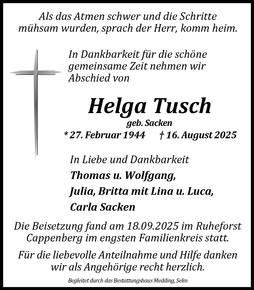  Traueranzeige für Helga Tusch vom 27.09.2025 aus Ruhr Nachrichten