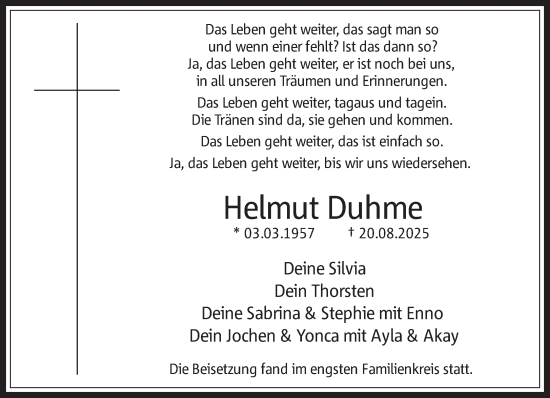 Traueranzeige von Helmut Duhme 