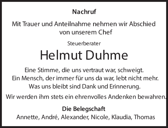 Traueranzeige von Helmut Duhme 