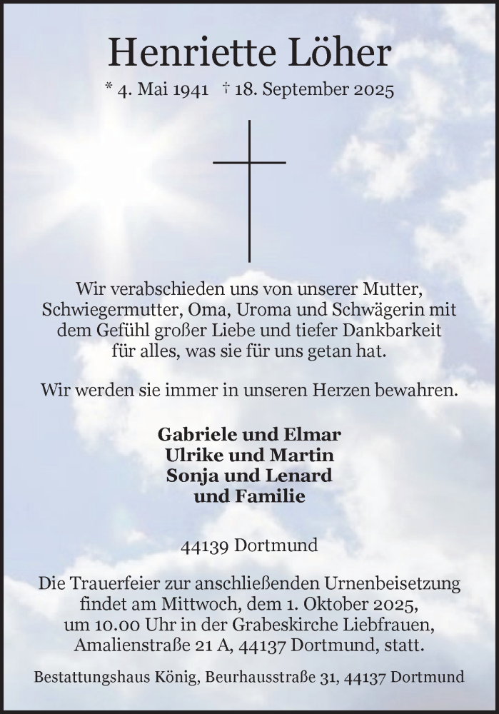  Traueranzeige für Henriette Löher vom 27.09.2025 aus Ruhr Nachrichten