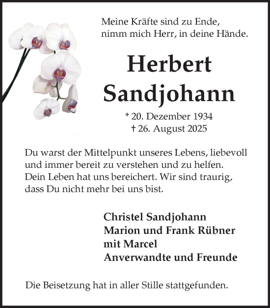 Traueranzeige von Herbert Sandjohann von Trauer Vest