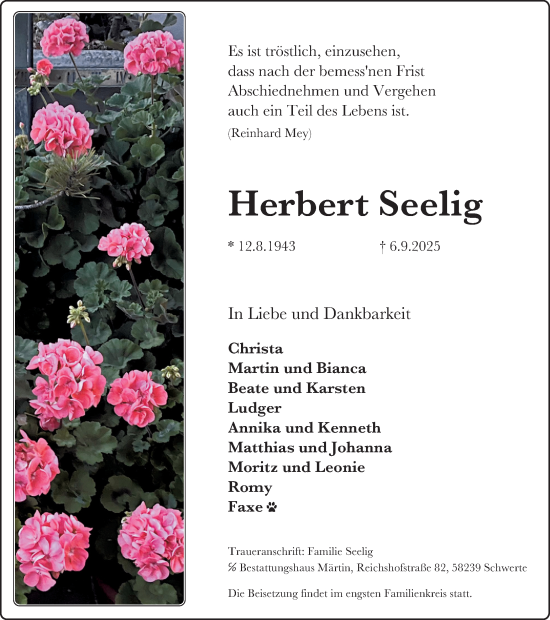 Traueranzeige von Herbert Seelig von Ruhr Nachrichten