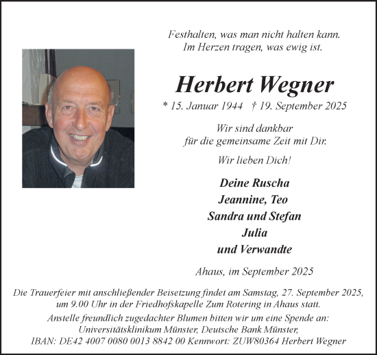 Traueranzeige von Herbert Wegner von Münsterland Zeitung