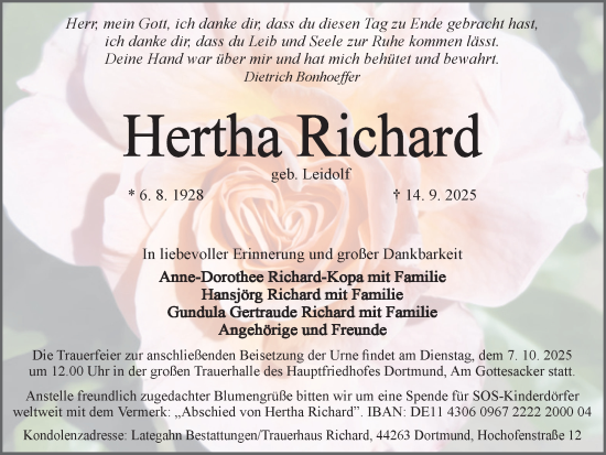 Traueranzeige von Hertha Richard von Ruhr Nachrichten