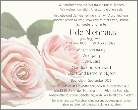 Traueranzeige von Hilde Nienhaus 