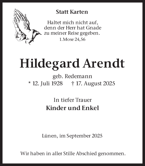 Traueranzeige von Hildegard Arendt von Lüner Anzeiger