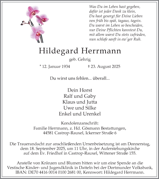 Traueranzeige von Hildegard Herrmann von Stadtanzeiger Castrop-Rauxel