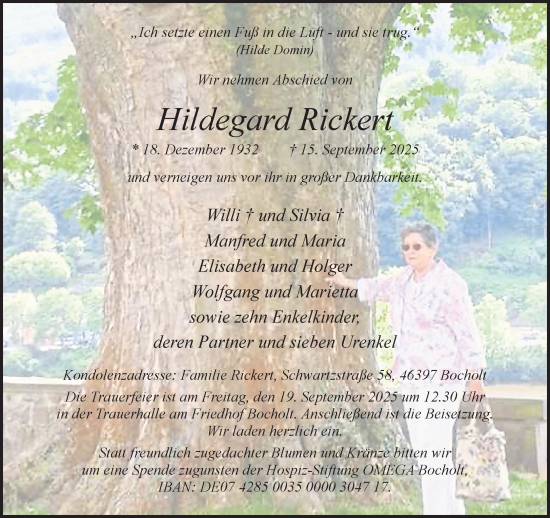 Traueranzeige von Hildegard Rickert 