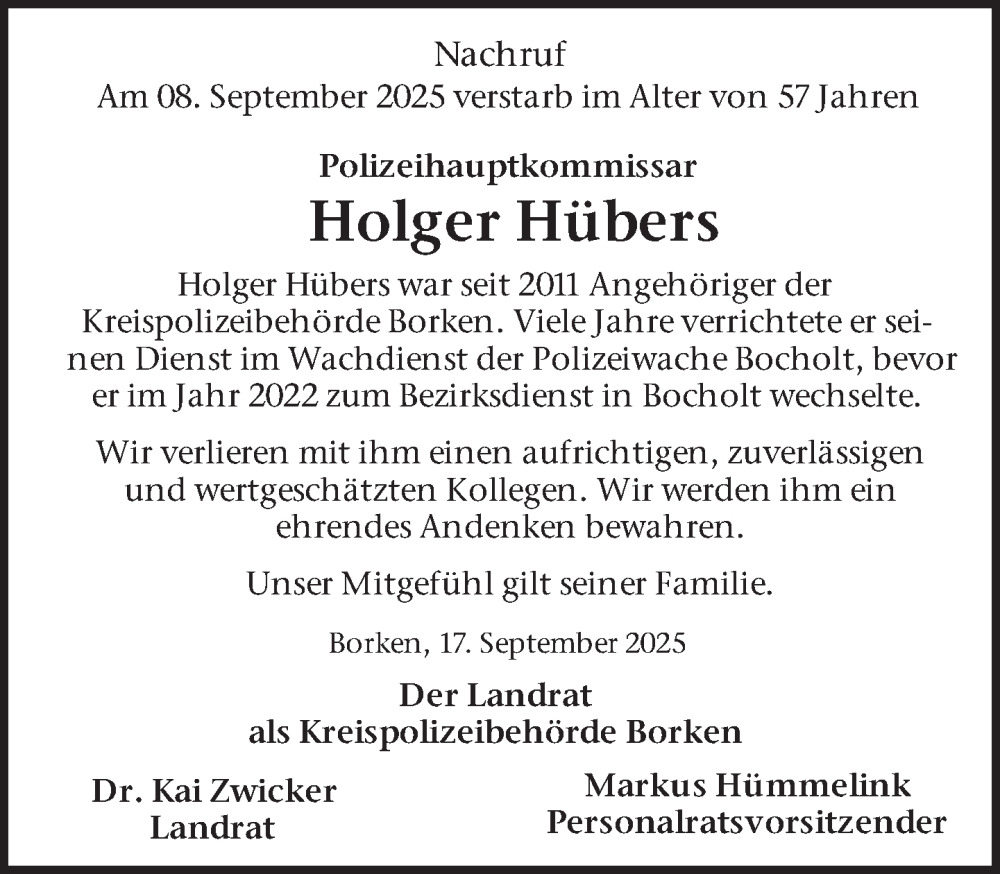 Traueranzeige für Holger Hübers vom 17.09.2025 aus 