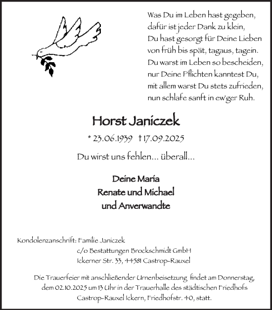 Traueranzeige von Horst Janiczek von Stadtanzeiger Castrop-Rauxel