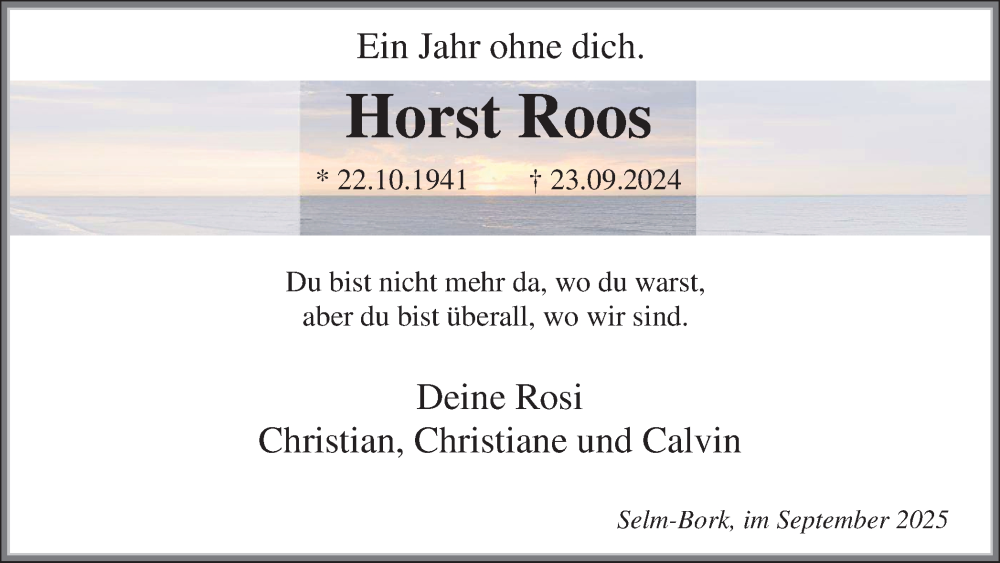  Traueranzeige für Horst Roos vom 27.09.2025 aus Ruhr Nachrichten