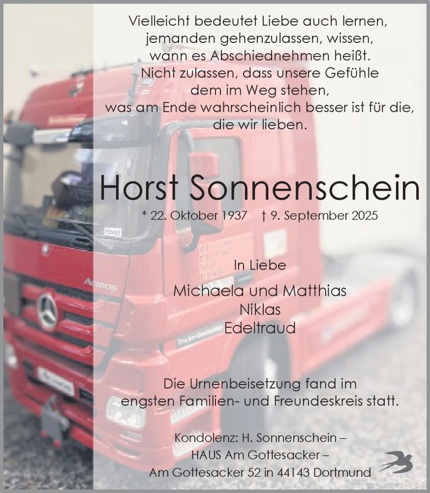  Traueranzeige für Horst Sonnenschein vom 20.09.2025 aus Ruhr Nachrichten