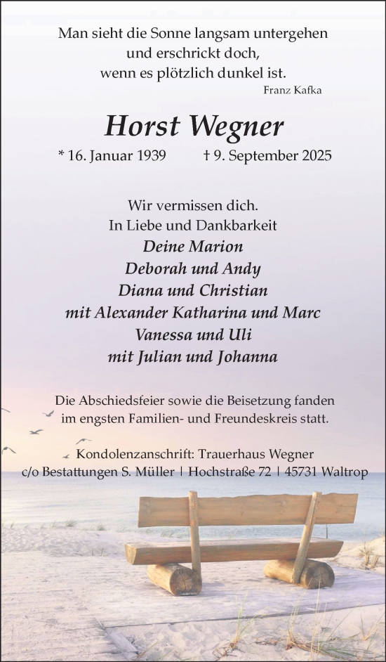 Traueranzeige von Horst Wegner von Trauer Vest