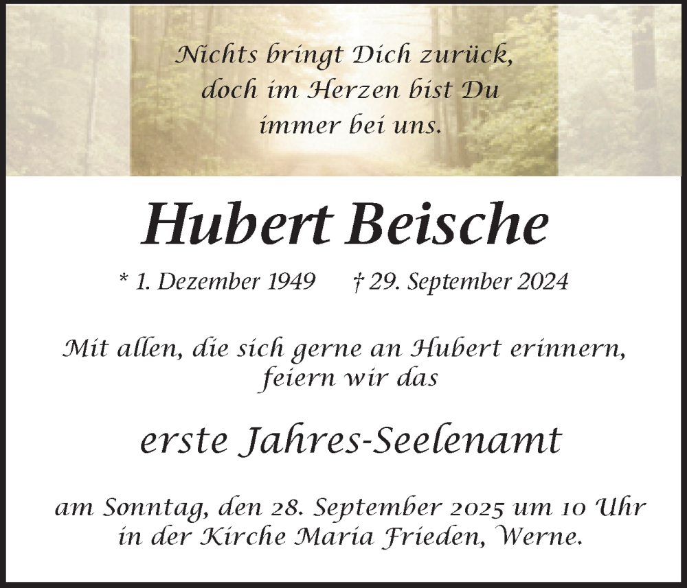  Traueranzeige für Hubert Beische vom 20.09.2025 aus Ruhr Nachrichten
