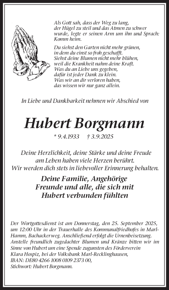 Traueranzeige von Hubert Borgmann von Trauer Vest