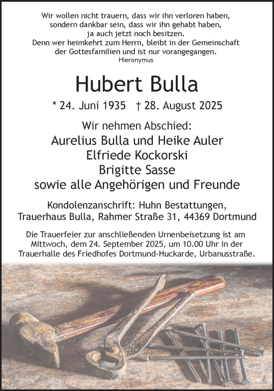 Traueranzeige von Hubert Bulla von Ruhr Nachrichten