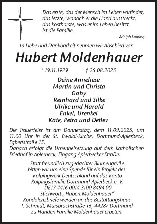 Traueranzeige von Hubert Moldenhauer von Ruhr Nachrichten