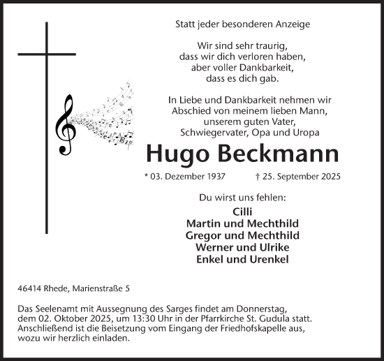 Traueranzeige von Hugo Beckmann 