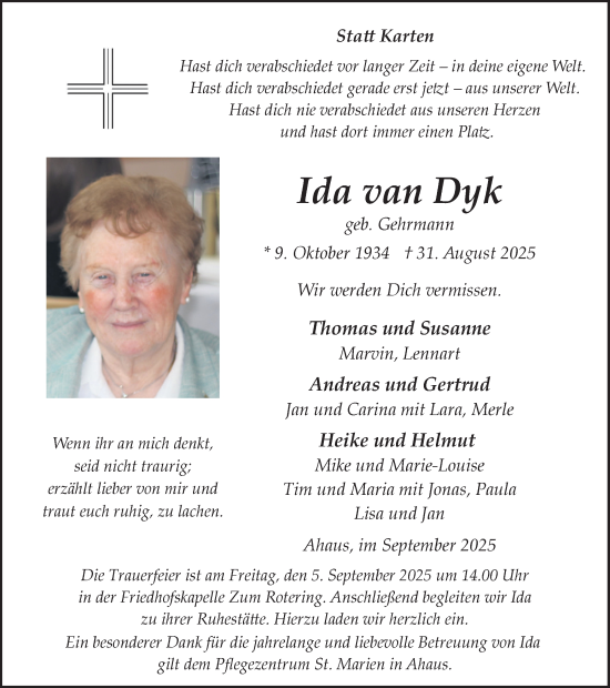 Traueranzeige von Ida van Dyk von Münsterland Zeitung