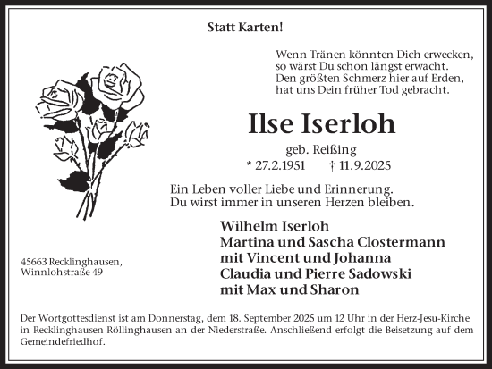 Traueranzeige von Ilse Iserloh von Trauer Vest