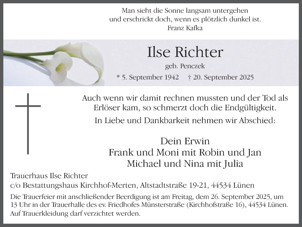  Traueranzeige für Ilse Richter vom 24.09.2025 aus Ruhr Nachrichten
