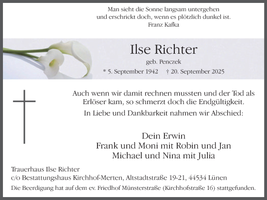 Traueranzeige von Ilse Richter von Lüner Anzeiger