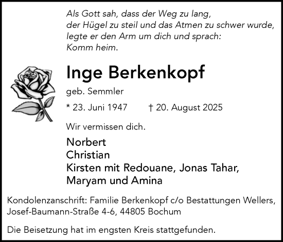 Traueranzeige von Inge Berkenkopf von Ruhr Nachrichten