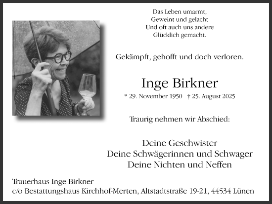 Traueranzeige von Inge Birkner von Ruhr Nachrichten