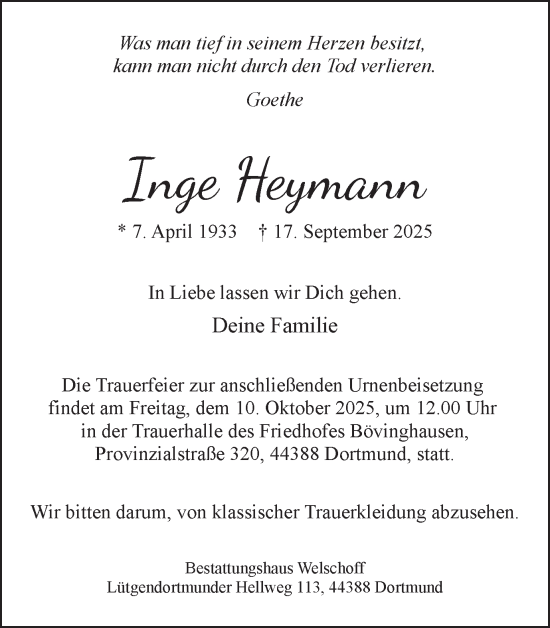 Traueranzeige von Inge Heymann von Ruhr Nachrichten
