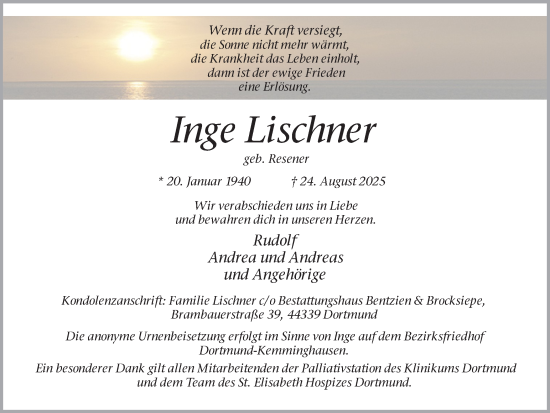 Traueranzeige von Inge Lischner von Ruhr Nachrichten