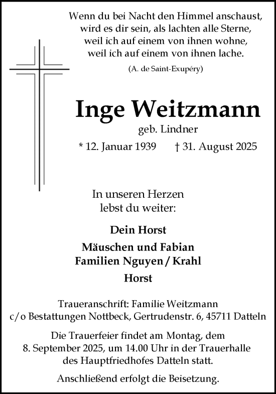 Traueranzeige von Inge Weitzmann von Trauer Vest