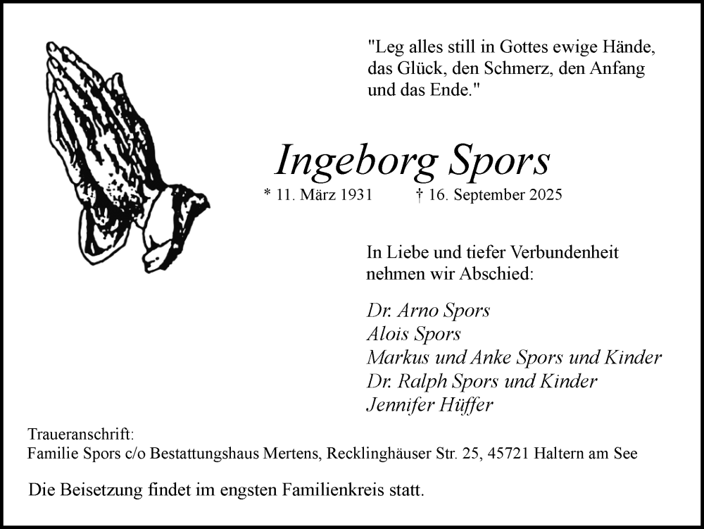  Traueranzeige für Ingeborg Spors vom 20.09.2025 aus Trauer Vest