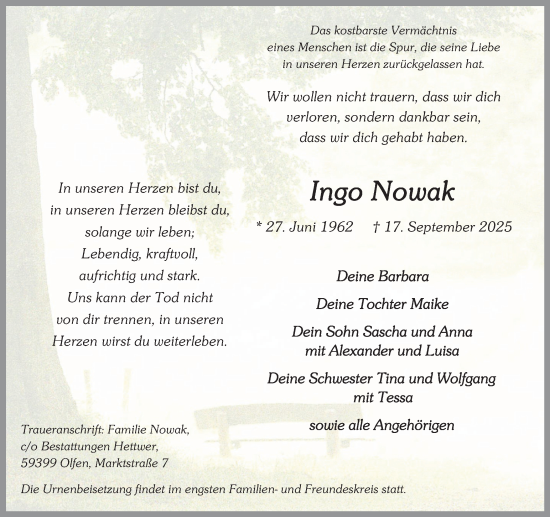 Traueranzeige von Ingo Nowak von Ruhr Nachrichten