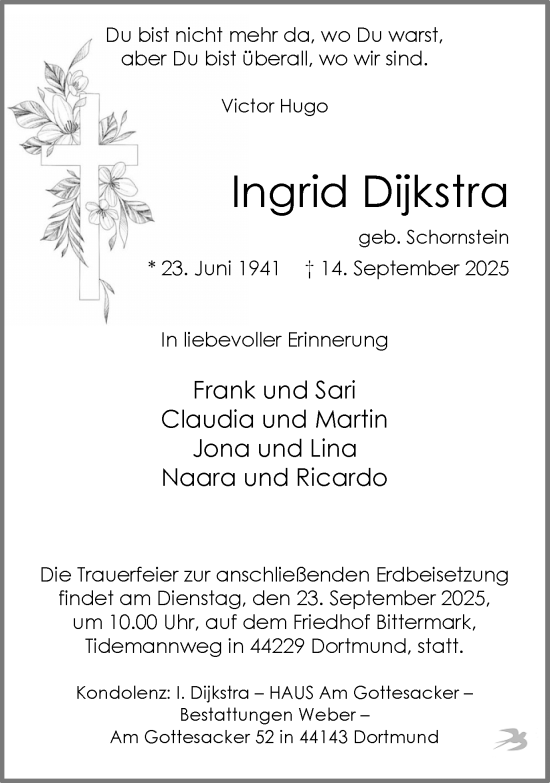 Traueranzeige von Ingrid Dijkstra von Ruhr Nachrichten