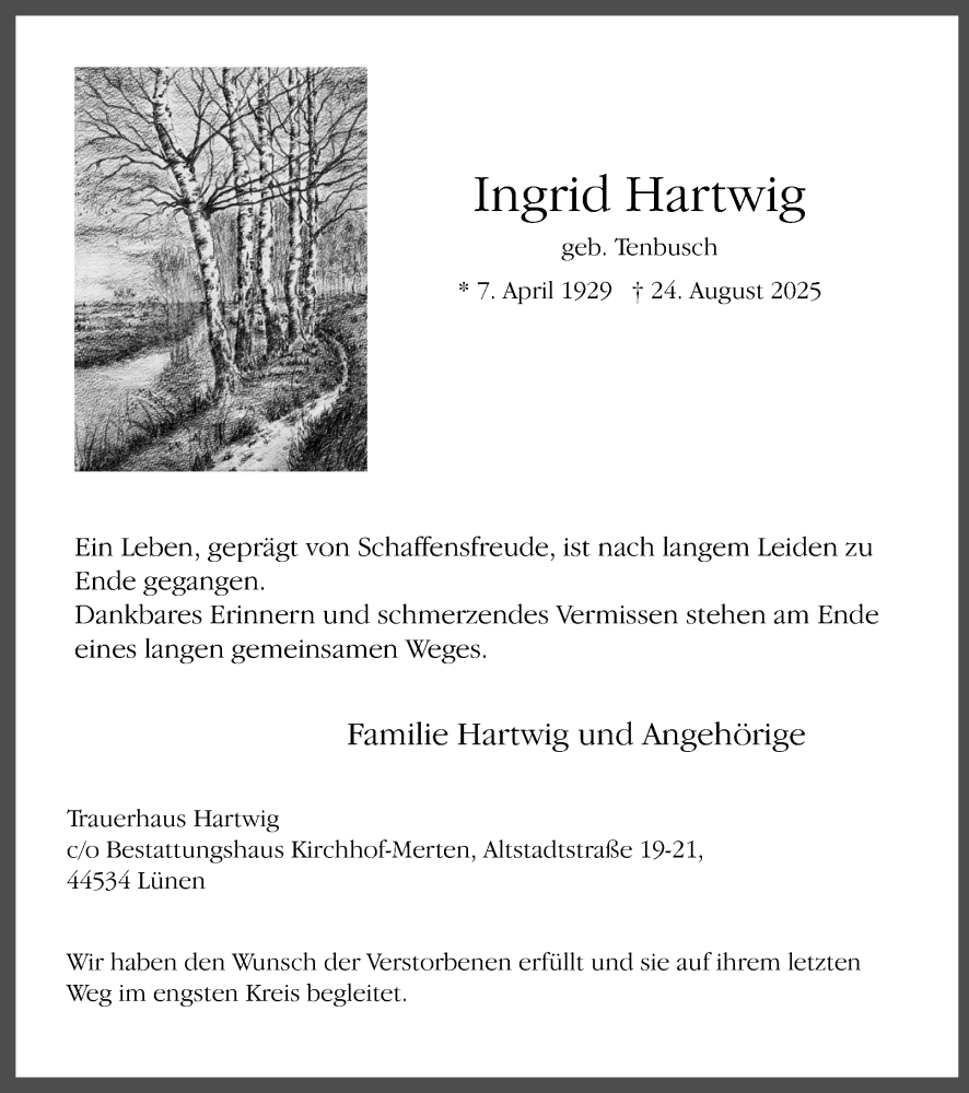  Traueranzeige für Ingrid Hartwig vom 20.09.2025 aus Lüner Anzeiger