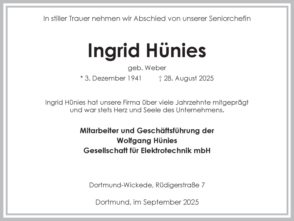  Traueranzeige für Ingrid Hünies vom 06.09.2025 aus Ruhr Nachrichten