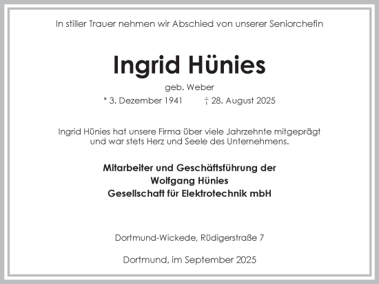 Traueranzeige von Ingrid Hünies von Ruhr Nachrichten