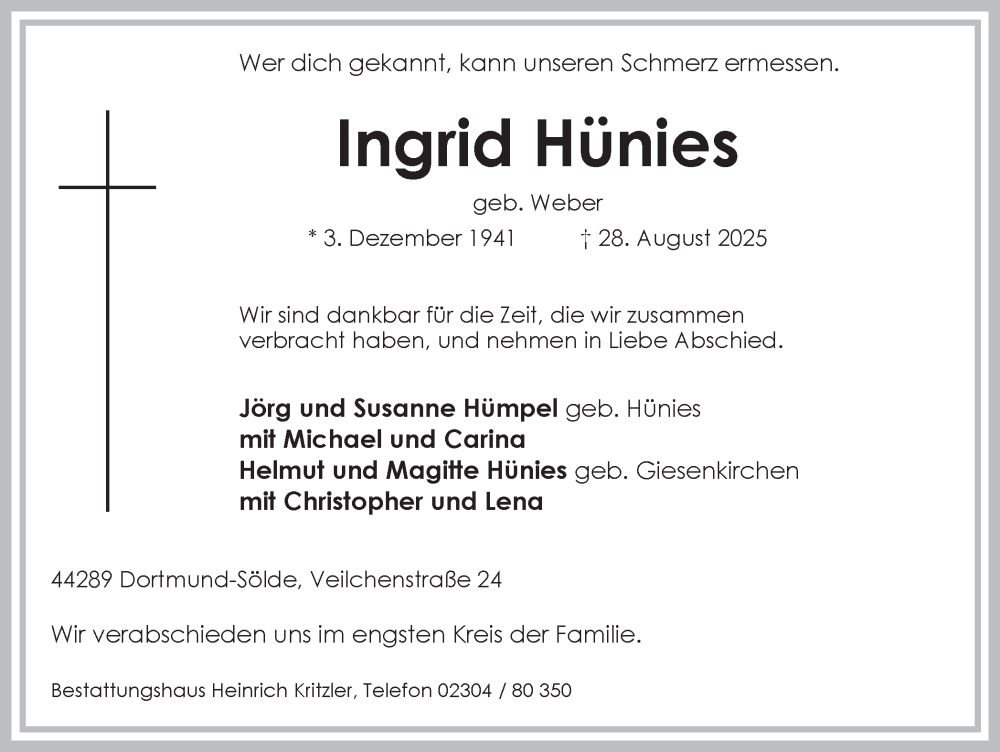  Traueranzeige für Ingrid Hünies vom 06.09.2025 aus Ruhr Nachrichten
