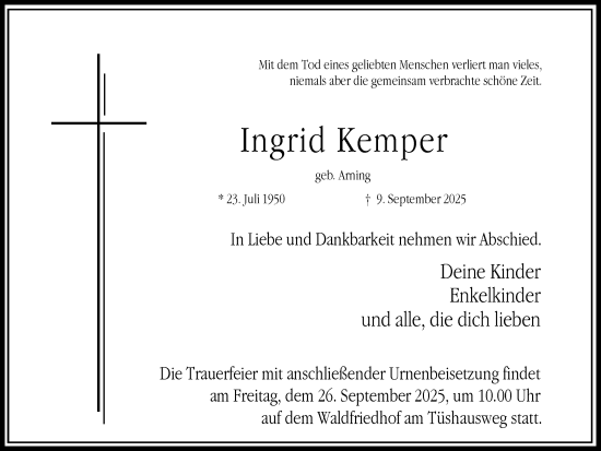 Traueranzeige von Ingrid Kemper von Ruhr Nachrichten und Dorstener Zeitung