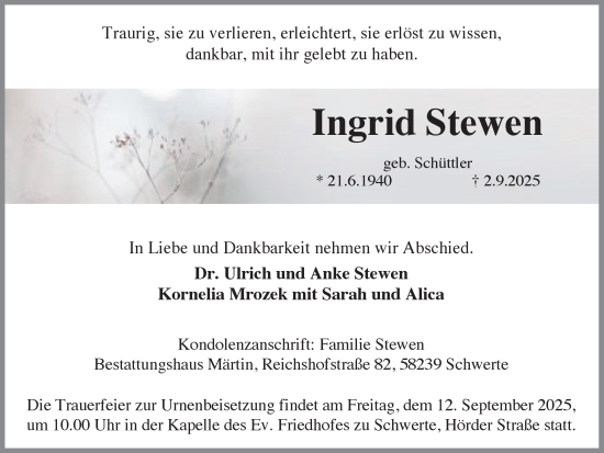 Traueranzeige von Ingrid Stewen von Ruhr Nachrichten