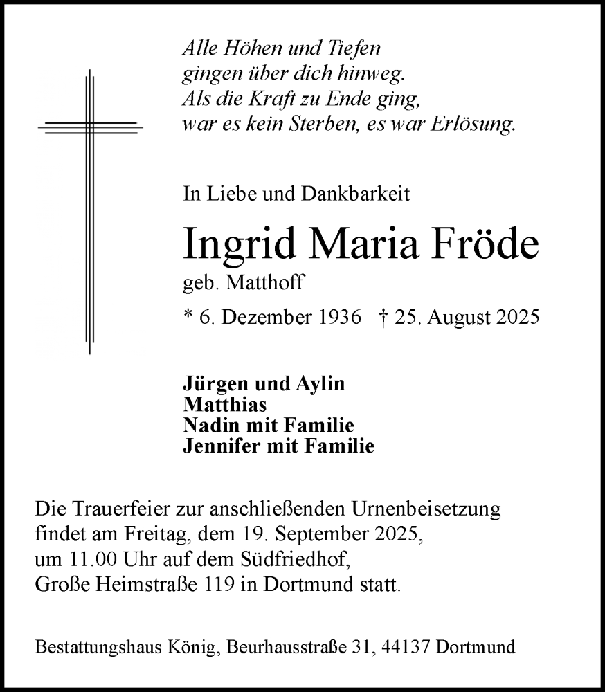  Traueranzeige für Ingrid Maria Fröde vom 06.09.2025 aus Ruhr Nachrichten