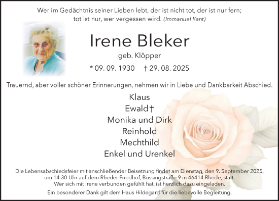 Traueranzeige von Irene Bleker 